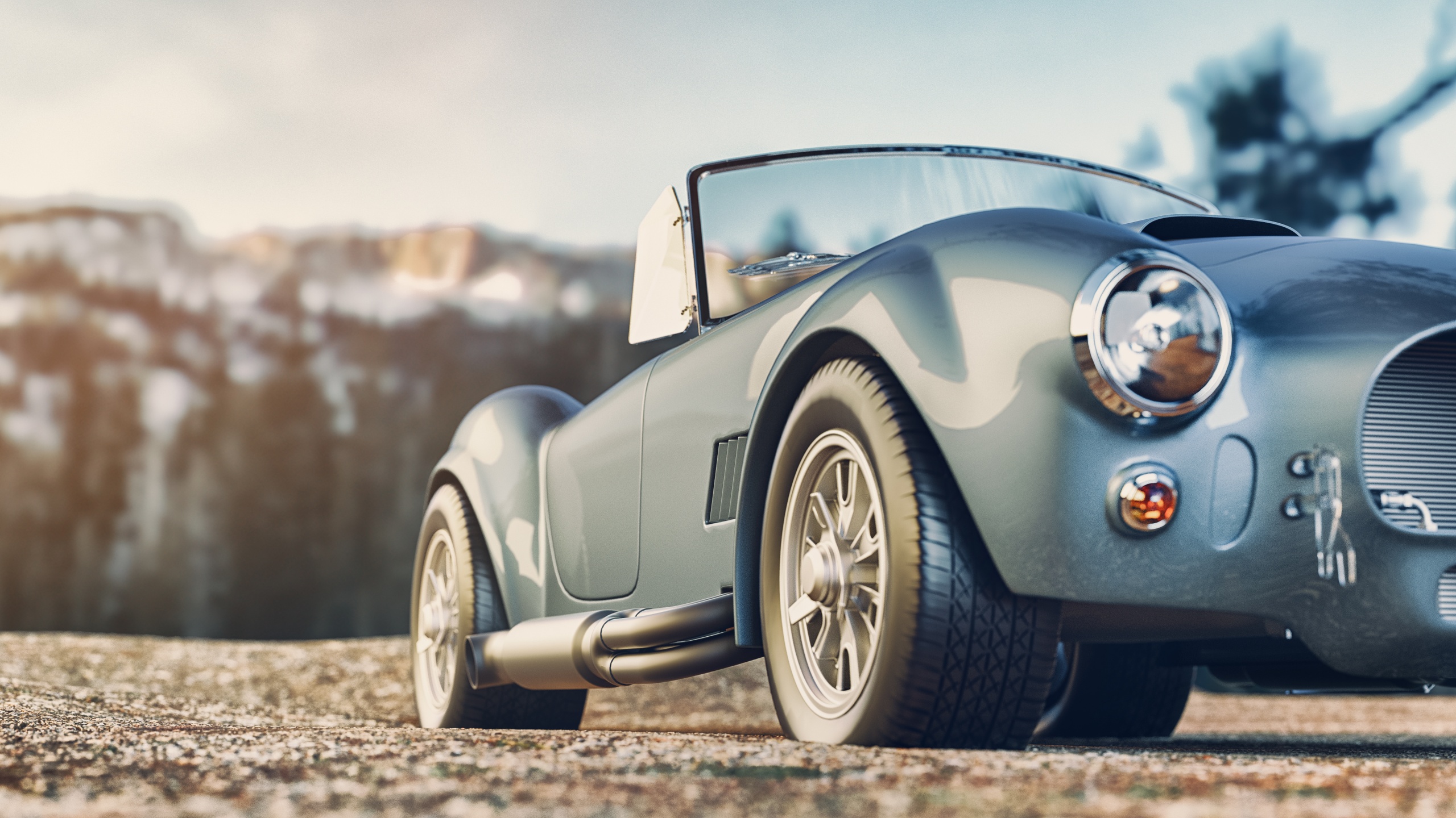 Classic car parked in the mountains in the morning. 3d render and illustration.
