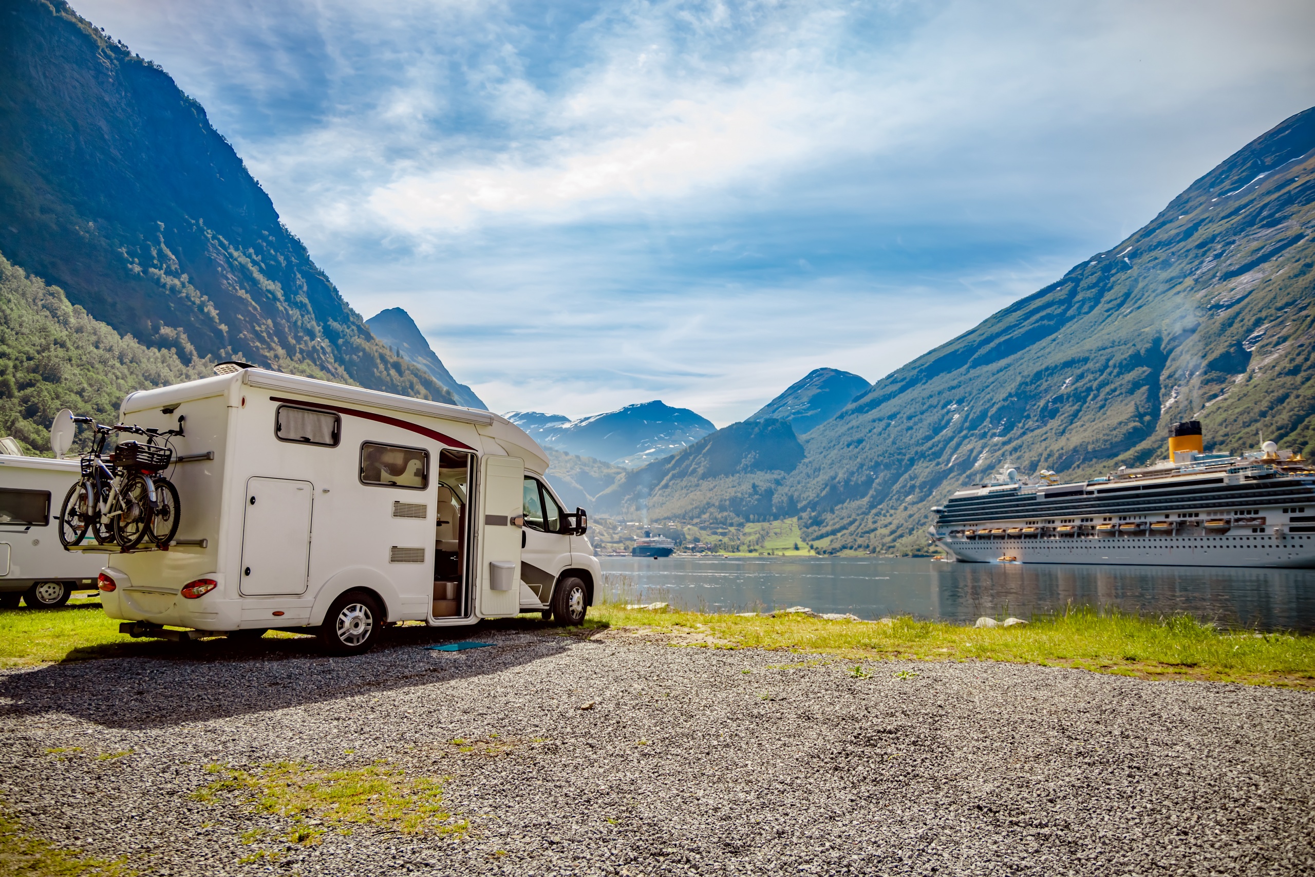 Geiranger fjord, Norway. Family vacation travel RV, holiday trip in motorhome, Caravan car Vacation.
